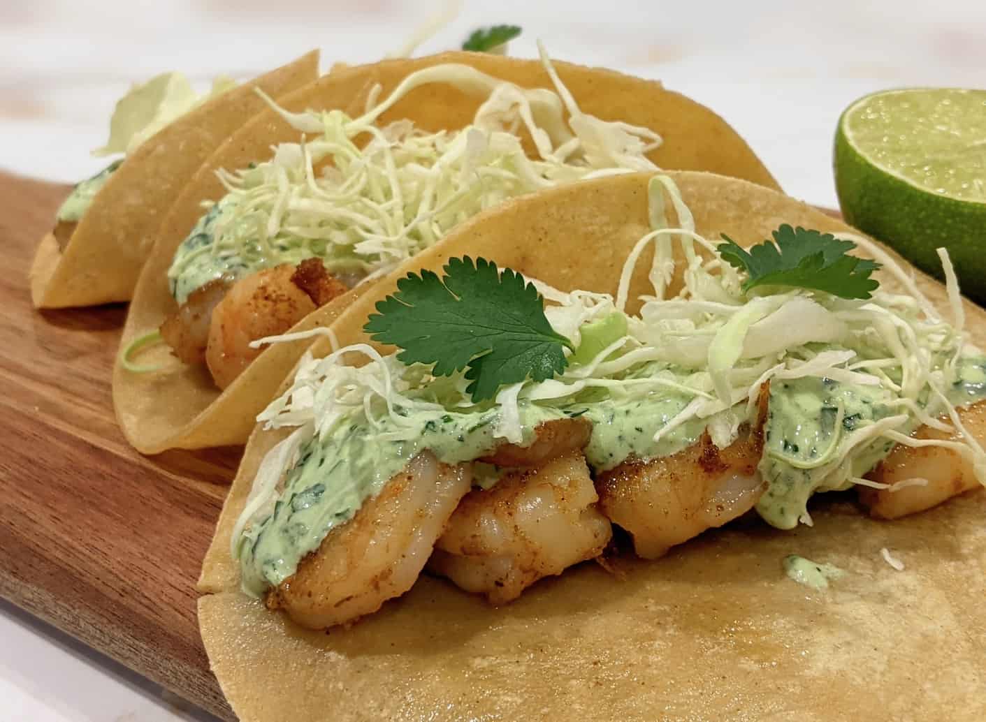 shrimp tacos with cilantro sauce